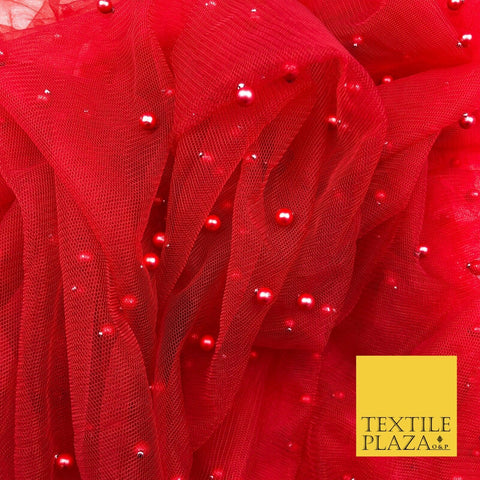 RED Studded Pearl Mesh Net Fabric Bridal Sheer Craft Dress N1101