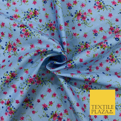 Blue and Pink Floral Garden Print Fabric 100% Cotton Flower Dress Craft RB353