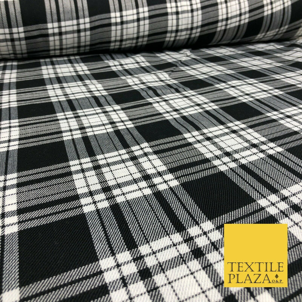 Black White Classic TARTAN PLAID Polyester Viscose Fabric 58" Craft Dress 1290