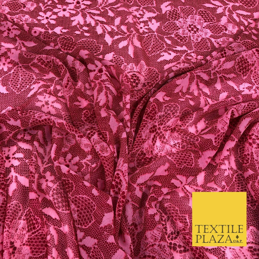 RASPBERRY PINK Floral Webbed Flower Printed Chiffon Dress Scarf Fabric 58" 1344