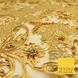 Luxury Embroidered Ornate Pearl Gold Speckle Net Dress Fabric Wedding Fancy