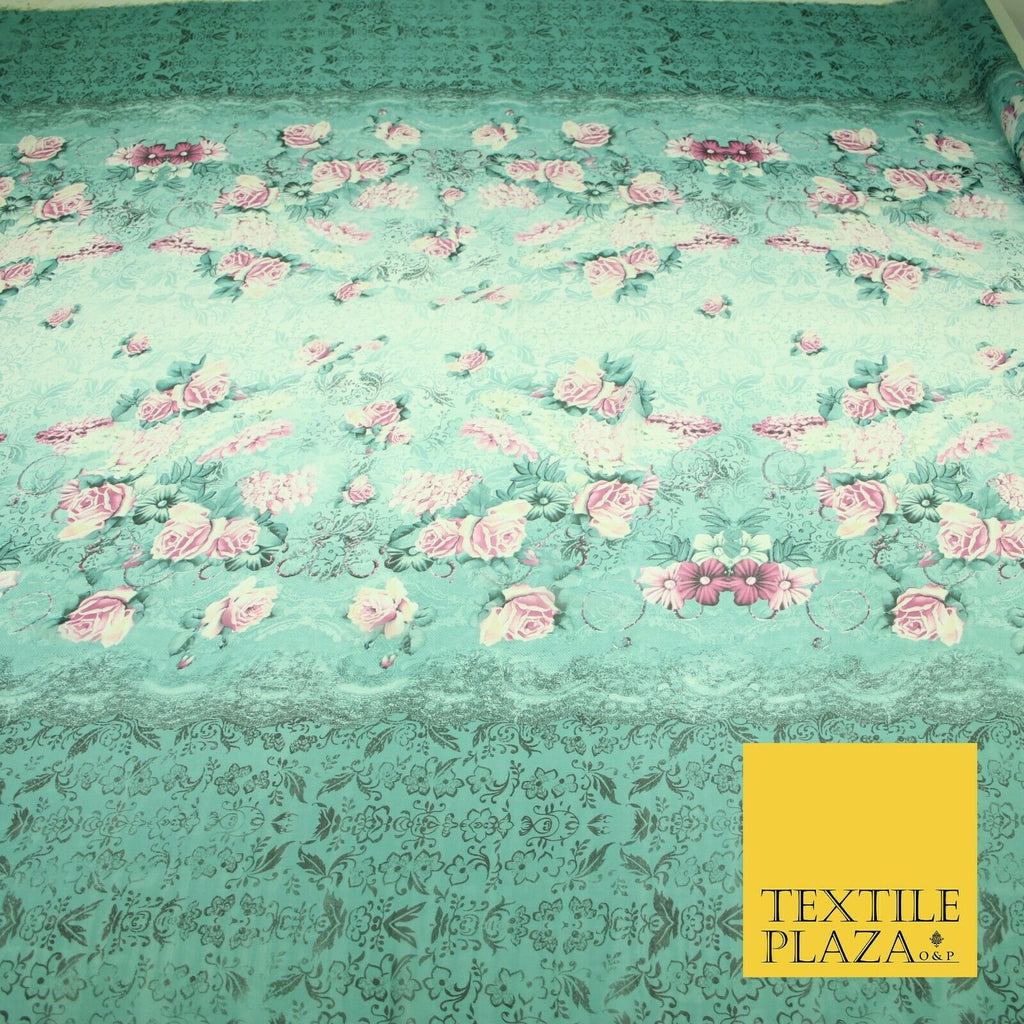 Sea Green Pink Floral Roses Panel Premium Printed Georgette Dress Fabric 2824