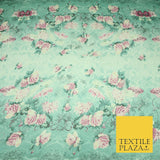 Sea Green Pink Floral Roses Panel Premium Printed Georgette Dress Fabric 2824