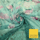 Sea Green Pink Floral Roses Panel Premium Printed Georgette Dress Fabric 2824