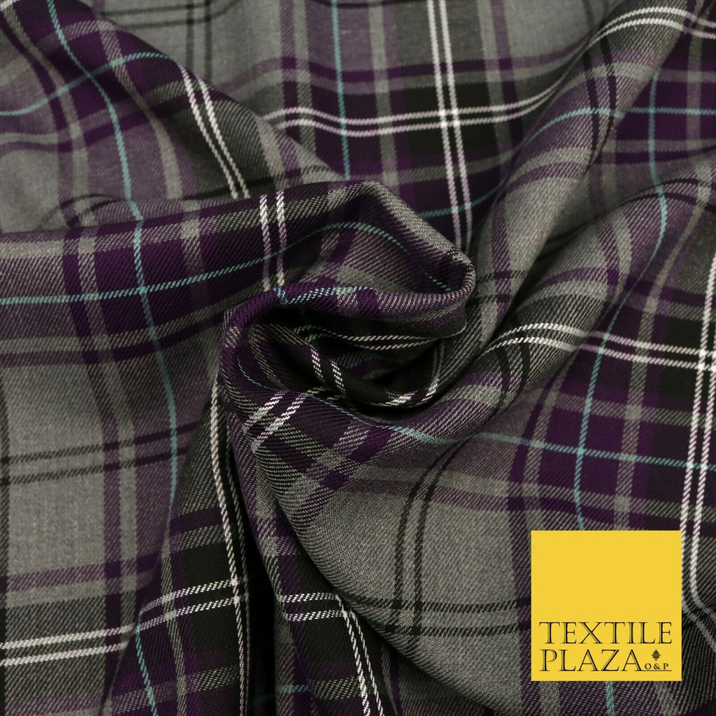 GREY PURPLE TARTAN Check Polyester Viscose Fabric 58" Craft Dress 1631