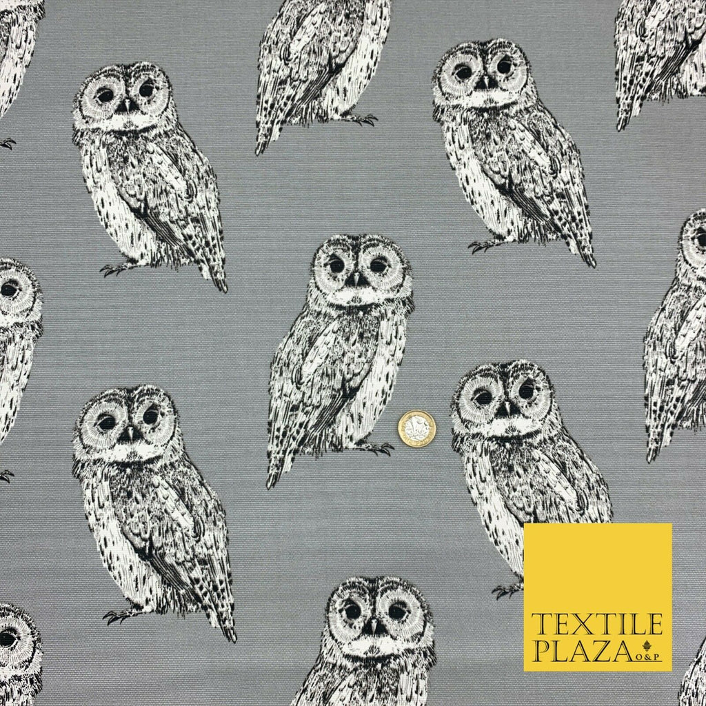 Silver Grey Large Vintage Owls 100% COTTON CANVAS Printed Fabric Craft 58" 1711