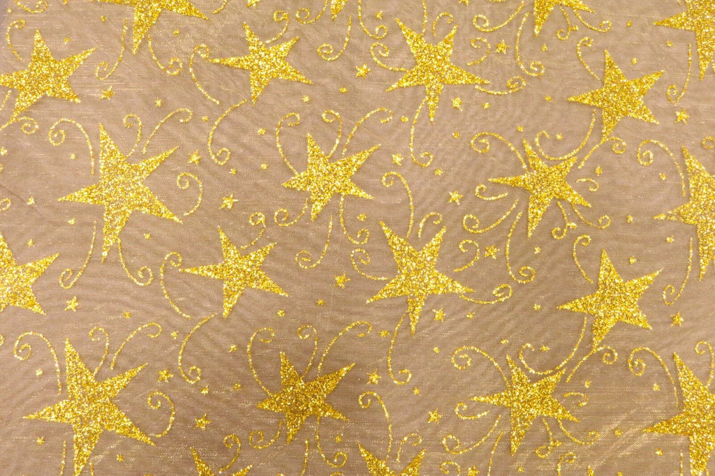 Glitter Star Organdi (Organza) Christmas Fabric 100% Nylon - GOLD RE49