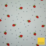 White Red Strawberry Flower Heart Printed Poly Cotton Fabric Polycotton Mask 45"