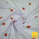 White Red Strawberry Flower Heart Printed Poly Cotton Fabric Polycotton Mask 45"