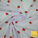 White Red Strawberry Flower Heart Printed Poly Cotton Fabric Polycotton Mask 45"