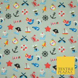 Kids Pirate Sailor Sea Anchor Nautical Printed Poly Cotton Fabric Polycotton 44"