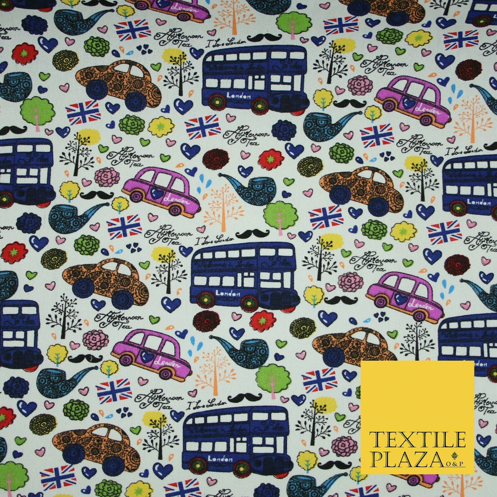 White LONDON Theme Bus Taxi Union Jack Printed Cotton Canvas Fabric 58" 4135