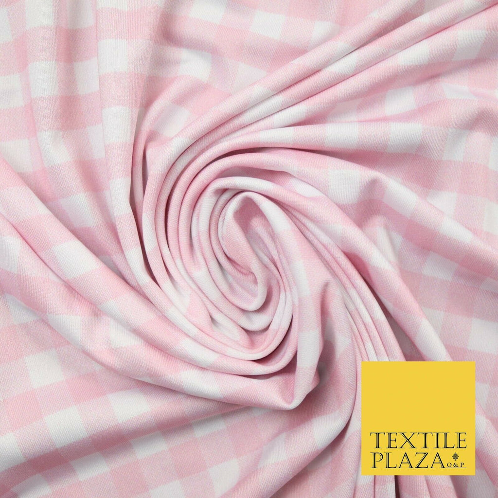 Premium Baby Pink White Gingham Check Printed Scuba Jersey Fabric Craft 57" 4423