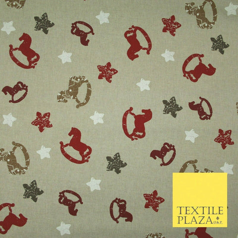 Beige Rocking Horse Stars Nursery Festive Printed Cotton Canvas Fabric 55" 4479