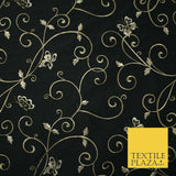 Luxury JET BLACK Butterfly Swirls Embroidered 100% PURE SILK Fabric 45" 4539