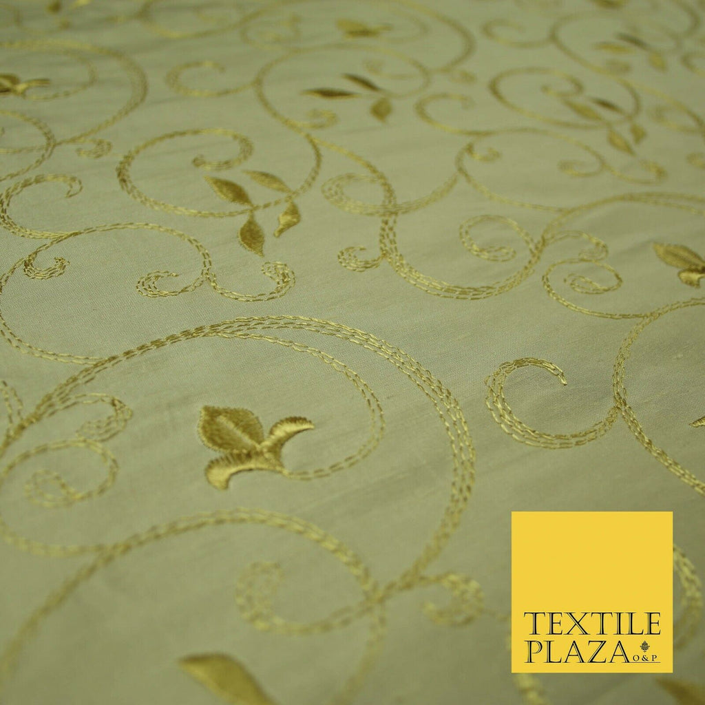 Luxury Magnolia Gold Embroidered Floral Leaf Stem 100% PURE SILK Fabric 44" 4560