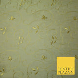 Luxury Magnolia Gold Embroidered Floral Leaf Stem 100% PURE SILK Fabric 44" 4560