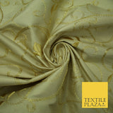 Luxury Magnolia Gold Embroidered Floral Leaf Stem 100% PURE SILK Fabric 44" 4560