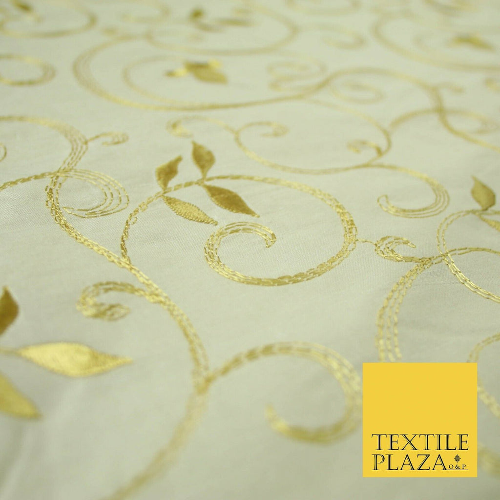 Luxury IVORY Floral Grandeur GOLD Embroidered 100% PURE SILK Fabric 45" 4529