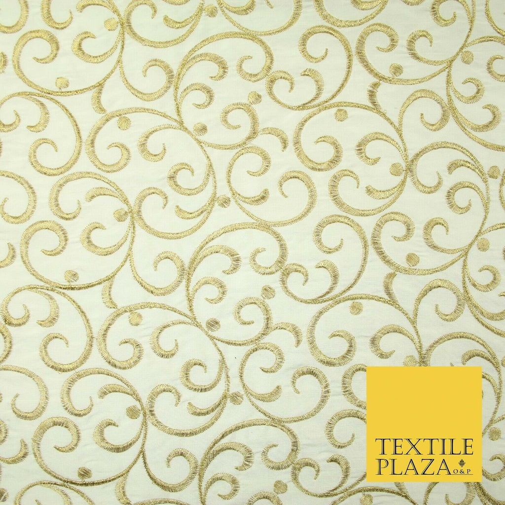 Luxury CREAM GOLD Intricate Swirls Embroidered 100% PURE SILK Fabric 45" 4509