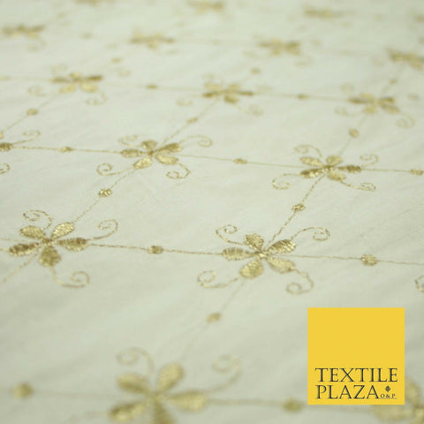 Luxury IVORY Floral Harlequin Flower Embroidered 100% PURE SILK Fabric 44" 4514