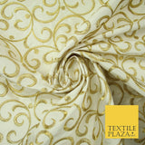 Luxury CREAM GOLD Intricate Swirls Embroidered 100% PURE SILK Fabric 45" 4509