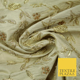 Luxury OYSTER GOLD Zari Metallic HAND Embroidered 100% PURE SILK Fabric 48" 4504