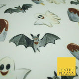 White Halloween Happy Bats Ghosts Ice Lolly Stretch Fine Jersey Fabric 60" 4779