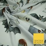 White Halloween Happy Bats Ghosts Ice Lolly Stretch Fine Jersey Fabric 60" 4779