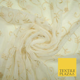 Luxury Ivory Light Gold Floral Stem Embroidered 100% SILK CHIFFON Fabric 45"4635