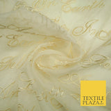 Luxury Ivory Gold Angel Script Embroidered 100% SILK ORGANZA Fabric 45" 4629