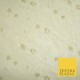 Luxury Ivory Gold Tulip Floral Vine Embroidered 100% PURE SATIN SILK Fabric 4658