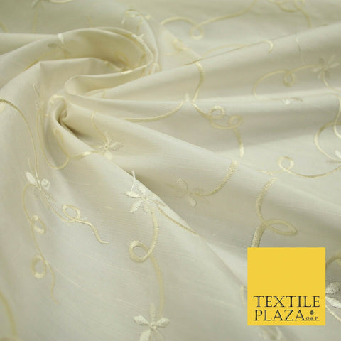 Luxury Ivory Flower Ribbon Swirls Embroidered 100% PURE SILK Fabric 53" 4650