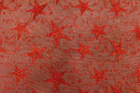 Glitter Star Organdi (Organza) Christmas Fabric 100% Nylon - RED RE50