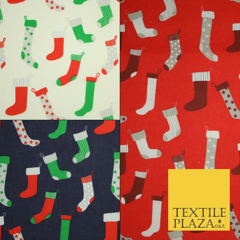 Festive Christmas Stockings Socks Printed Poly Cotton Fabric Polycotton 45"