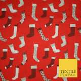 Festive Christmas Stockings Socks Printed Poly Cotton Fabric Polycotton 45"