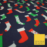 Festive Christmas Stockings Socks Printed Poly Cotton Fabric Polycotton 45"