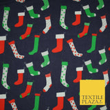 Festive Christmas Stockings Socks Printed Poly Cotton Fabric Polycotton 45"