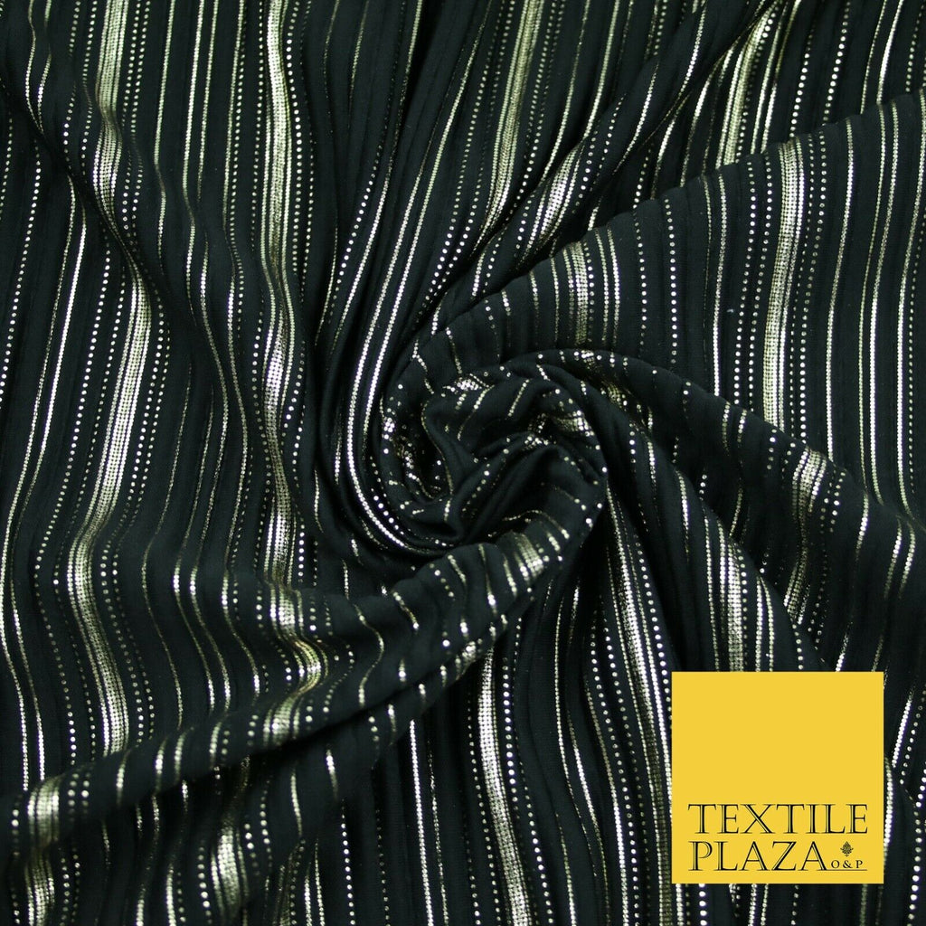 BLACK Pleated Crushed Satin Dress Dance Fabric Gold Metallic Stripe Foil    2421