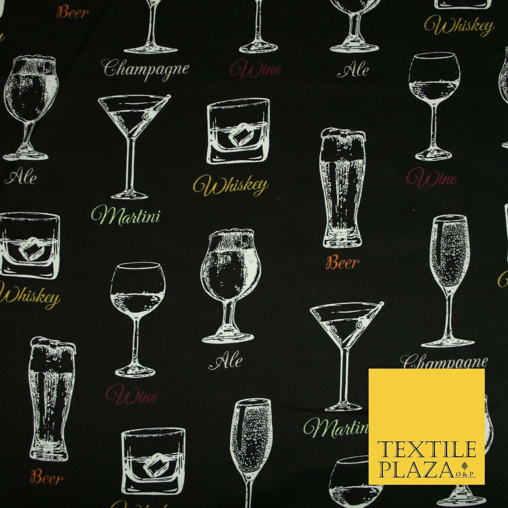 Black Whiskey Martini Glasses Winceyette Soft Brushed Cotton Print Fabric 3967