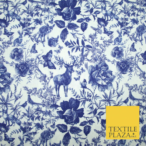 White Blue Ink Vintage Floral Forest Digital Print 100% Cotton Fabric 58" 4944