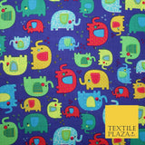 Royal Blue Colourful Trendy Elephants Printed 100% COTTON Fabric 58" Wide 4991