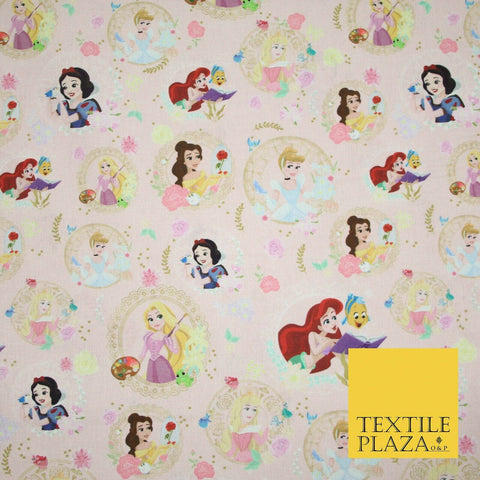 Pink DISNEY Princess Cinderella Mermaid Belle Print 100% Cotton Fabric 4962