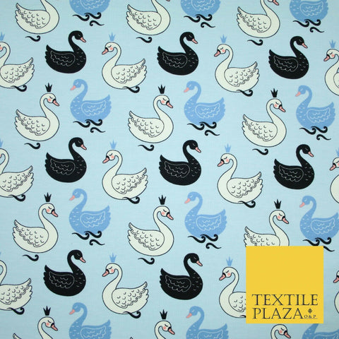 Light Blue Elegant Swan Birds Printed Soft Cotton Jersey Stretch Fabric 59" 4980