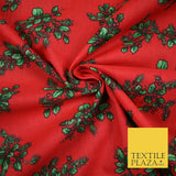 Festive Holly Berries Wreath Christmas Printed Poly Cotton Fabric Polycotton 45"