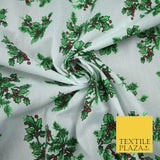 Festive Holly Berries Wreath Christmas Printed Poly Cotton Fabric Polycotton 45"