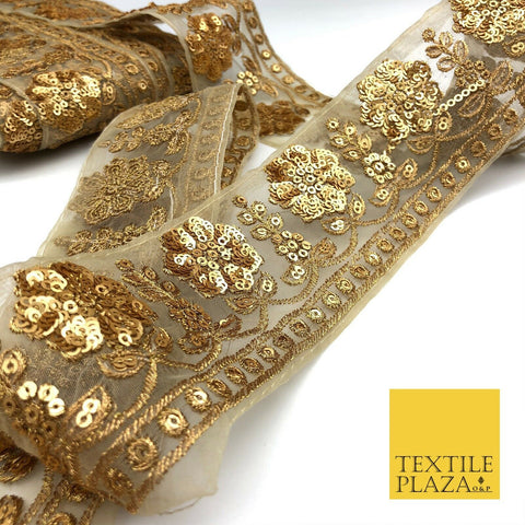 Antique Gold Sequin Flower Fancy Zari Organza Trim Border Indian Ethnic (X29)