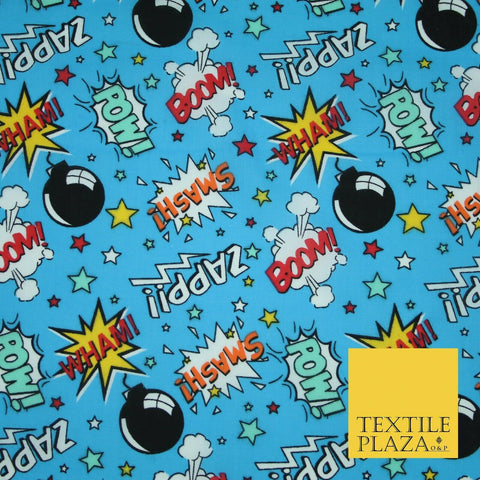 Blue POW ZAPP WHAM Kids Cartoon Comic Book Bomb Printed Polycotton Fabric 44"