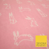 Pink Jumping Cute Bunny Rabbits Winceyette Soft Brushed Cotton Print Fabric 3981