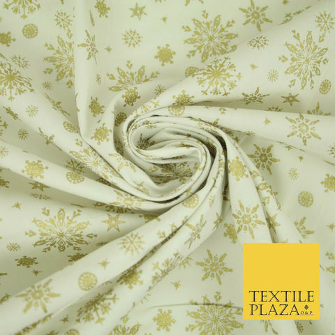 Ivory Cream Gold Metallic Falling Snowflakes Printed 100% Cotton Fabric 4119